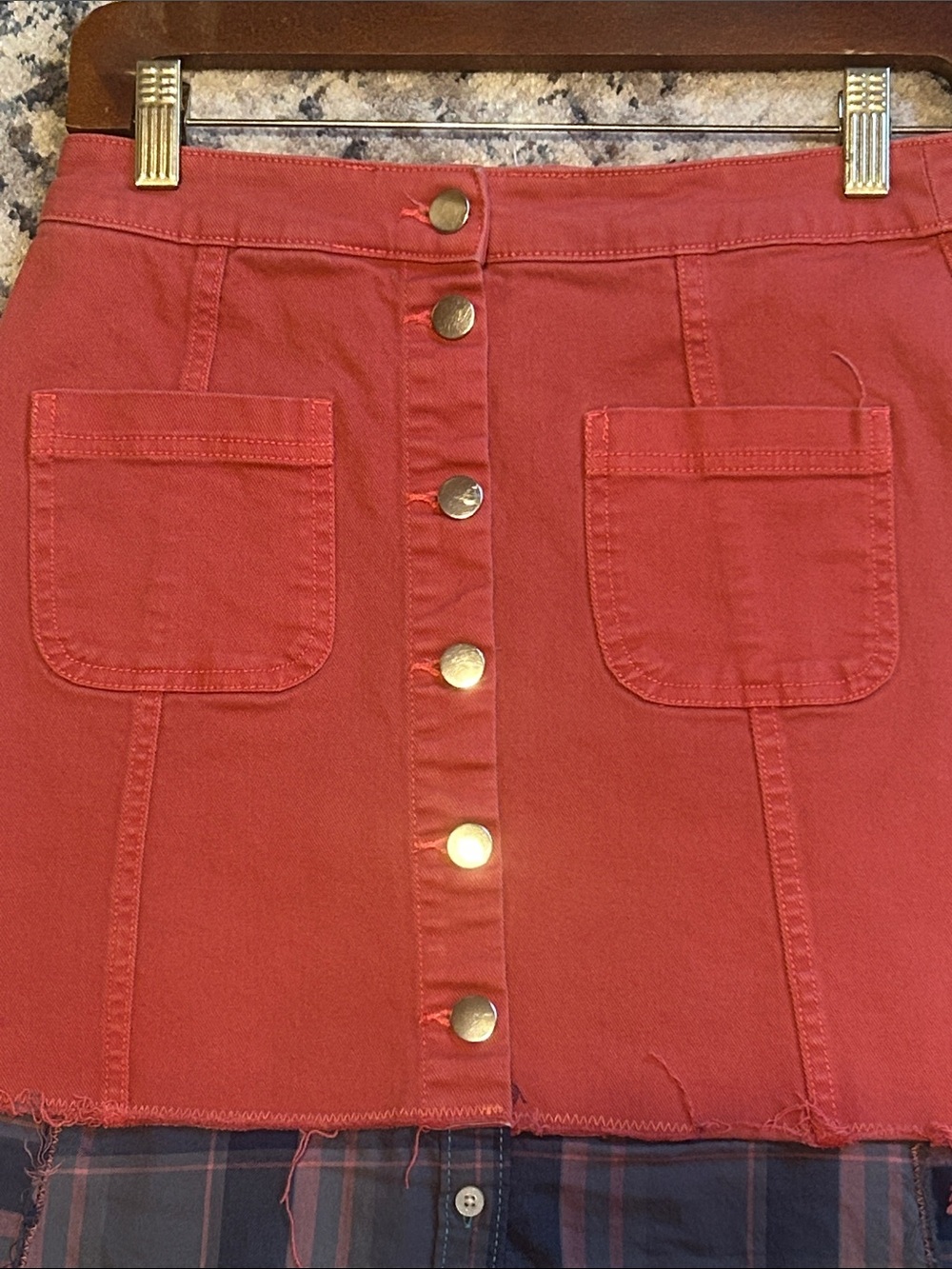 Upcycled coral denim and plaid button shirt skirt - Picture 8 of 8